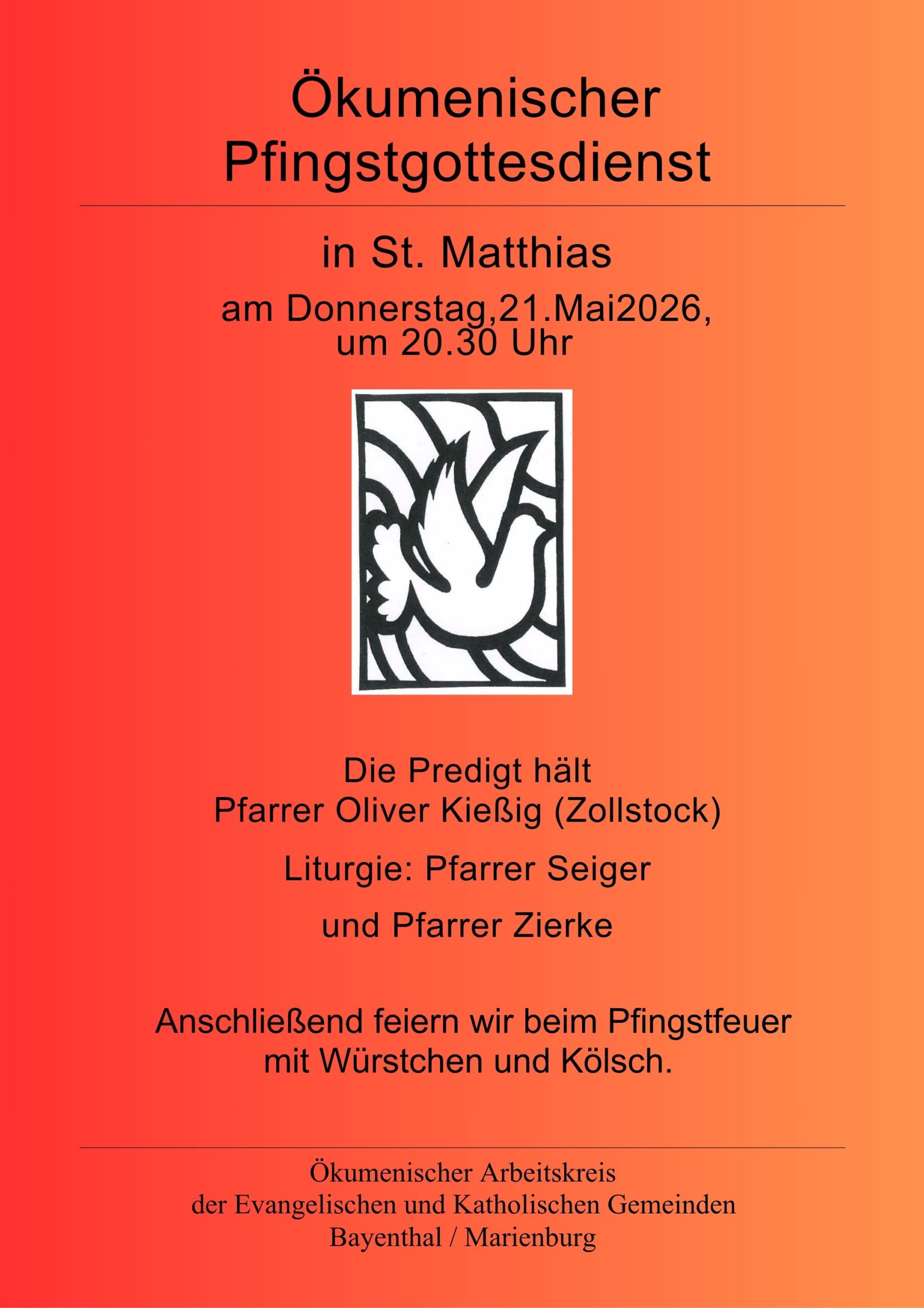 Du betrachtest gerade Ökum. Pfingstgottesdienst | Do., 21.05. um 20:30 | St. Matthias