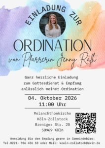 Mehr über den Artikel erfahren Ordination von Pfarrerin Jenny Rath | So., 04.10. um 11 Uhr | anschl. Empfang